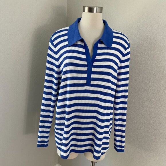 Talbots Plus 2X Ribbed Knit Johnny Collar Pullover Mariner Stripe Top Shirt - Picture 2 of 9